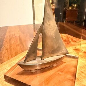 Vintage Solid Brass Sailboat Bookend mounted on Smoky Lucite Base Nautical Decor